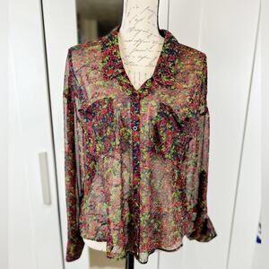 Free People Sheer Floral Collared Button Down Blouse